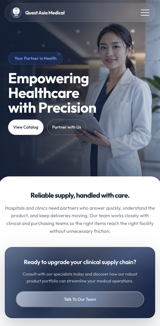 QAM mobile website shown in a phone mockup